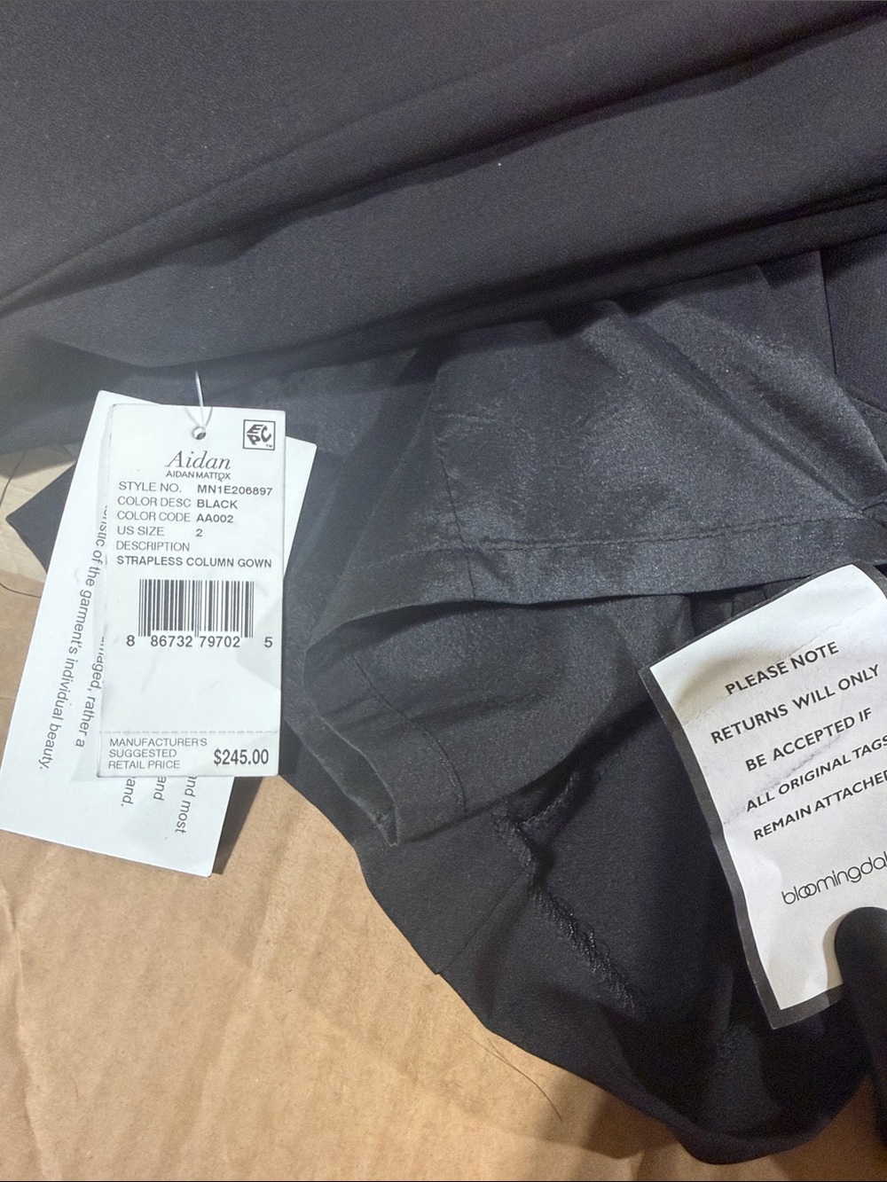 Aidan Mattox Black Strapless Evening Gown